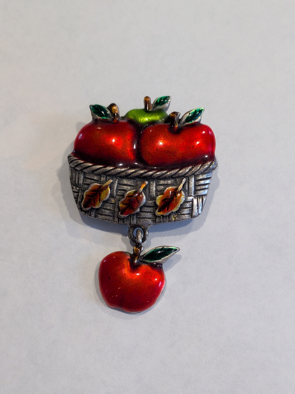 Vintage Signed AJMC Apple Basket Decorative Pin - Red and Green Brooch